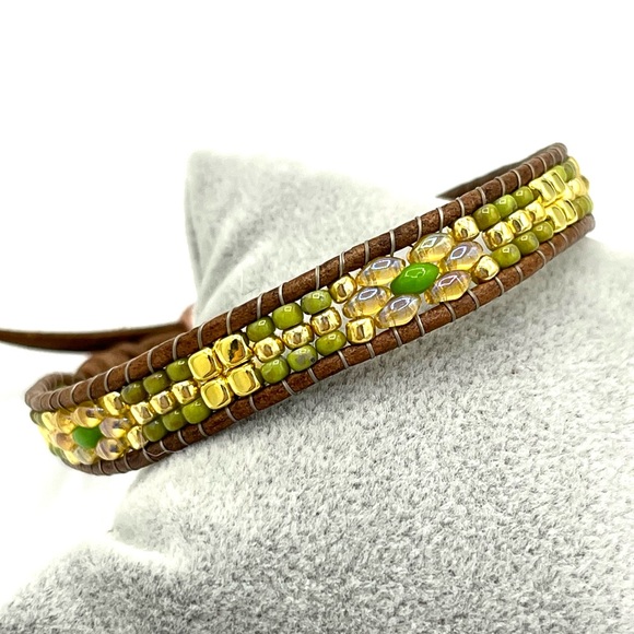 HAND CRAFTED Leather Wrap Bracelet with Gold and Green Unisex - Picture 1 of 5